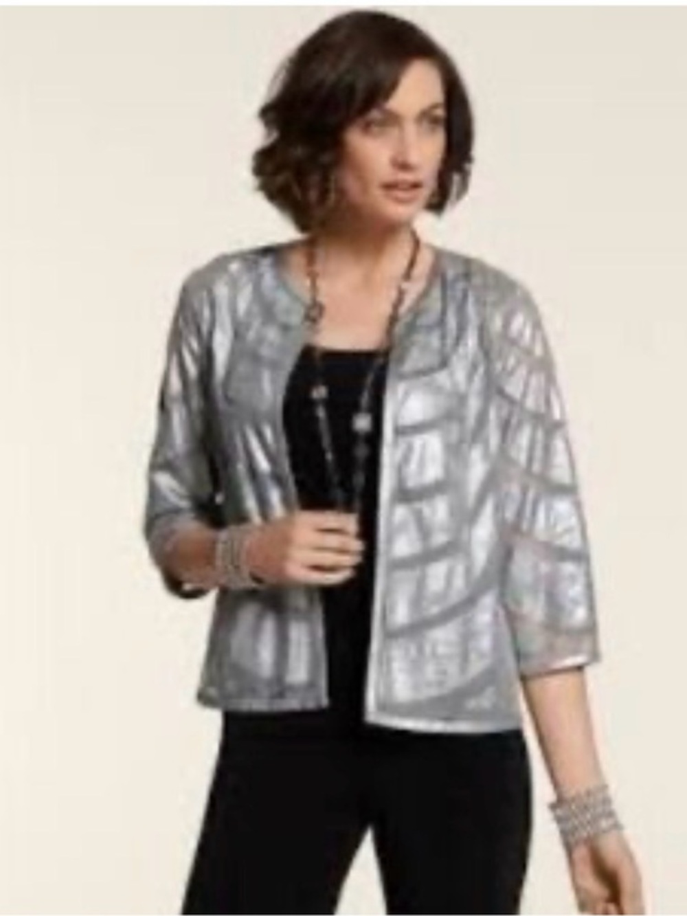 NWT Chicos Travel Collection Wave Appliqué Margo Jacket Silver 2 L